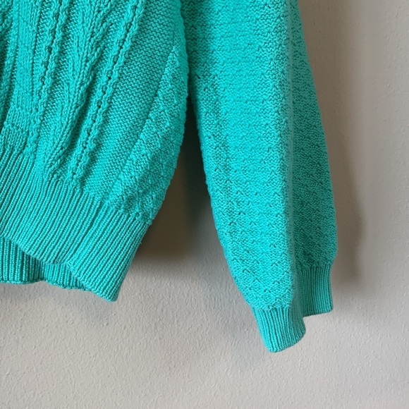VTG Mint Green Cable Diamond Argyle Cotton Knit V Neck Grandpa Cardigan Women XL - Picture 8 of 12